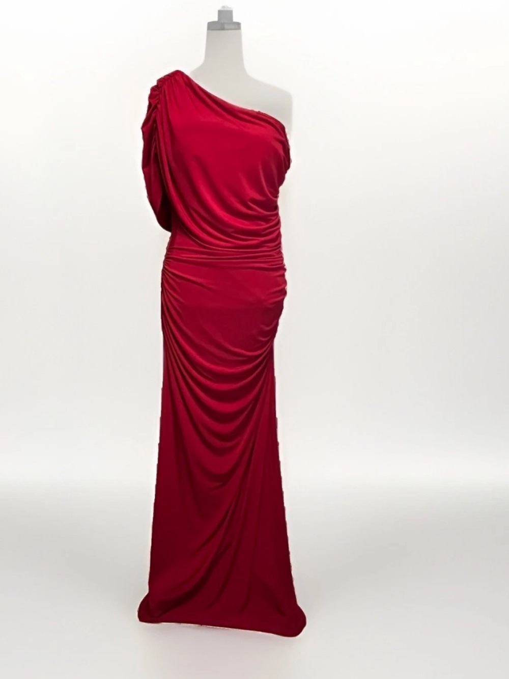 Laundry By Shelli Segal One-Shoulder Red Draped Maxi Gown Dress.